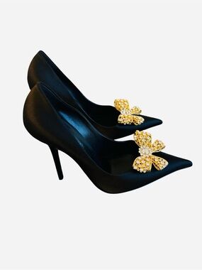 Versace Black Satin Pumps With Embellished Gold & Crystal Bow Sz EU40/US10 (New)